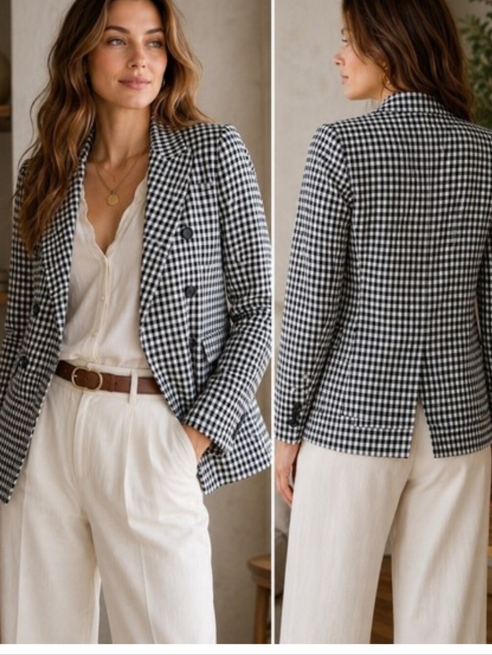 Black & White Gingham Double-Breasted Blazer